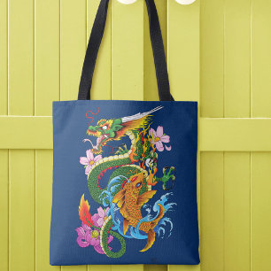 Japanese Dragon Koi Lotus Mythical Asian Blue Tote Bag