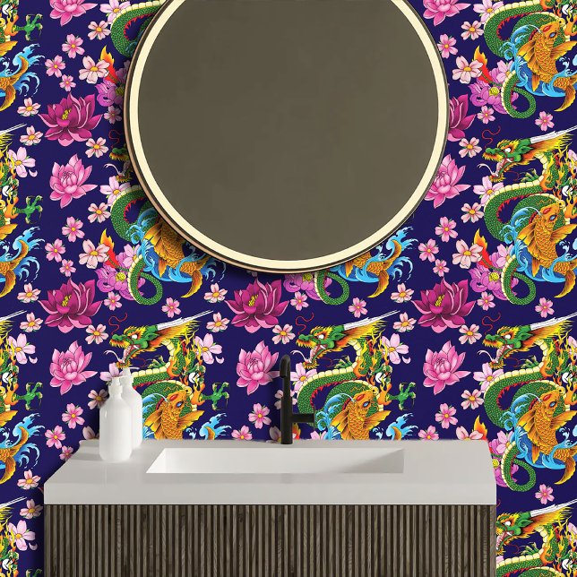 Japanese Dragon Koi Lotus Mythical Asian Blue Wallpaper (Creator Uploaded)