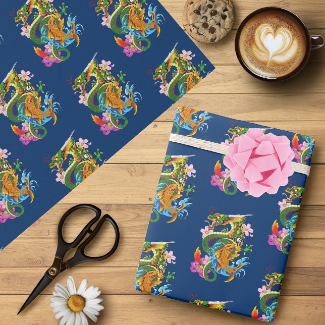 Japanese Dragon Koi Lotus Mythical Asian Blue Wrapping Paper (Creator Uploaded)