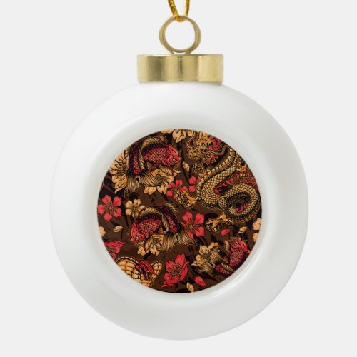 Japanese dragon koi pattern ceramic ball christmas ornament