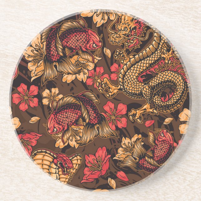 Japanese dragon koi pattern. coaster (Front)