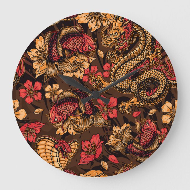 Japanese dragon koi pattern. large clock (Front)