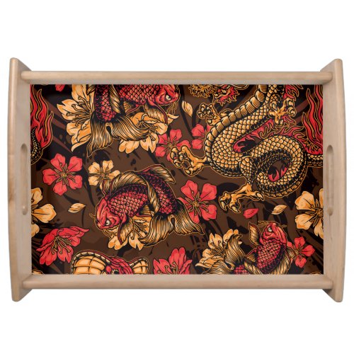 Japanese dragon koi pattern serving tray