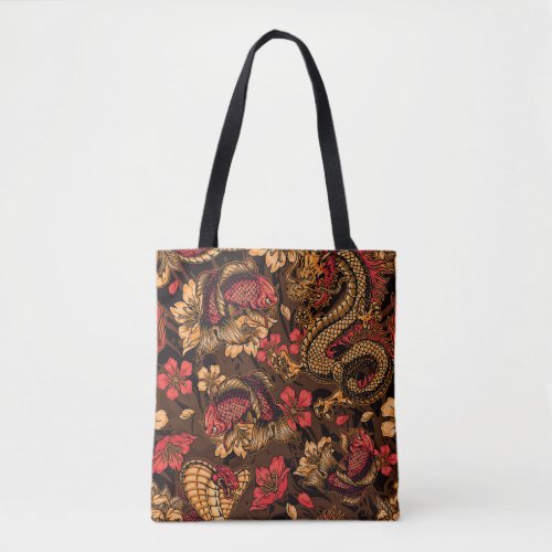 Japanese dragon koi pattern tote bag