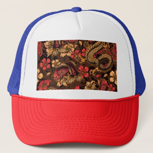 Japanese dragon koi pattern trucker hat