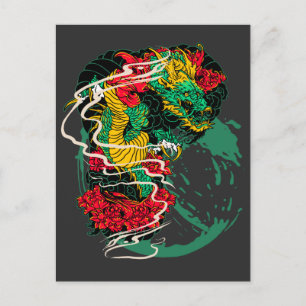 Japanese Dragon Peony Traditional Tattoo Art Postcard