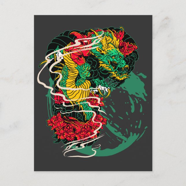 Japanese Dragon Peony Traditional Tattoo Art Postcard (Front)