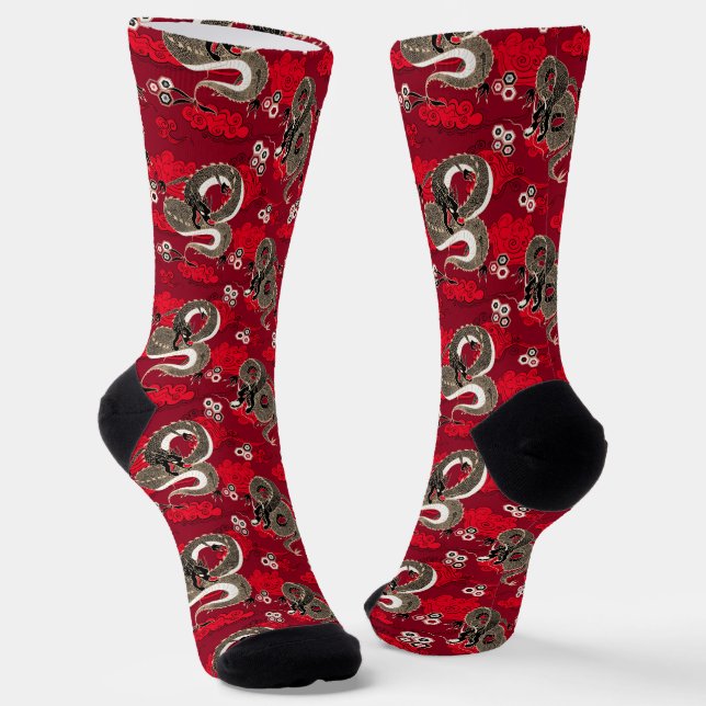 Japanese Dragon Red and Gold Socks (Angled)