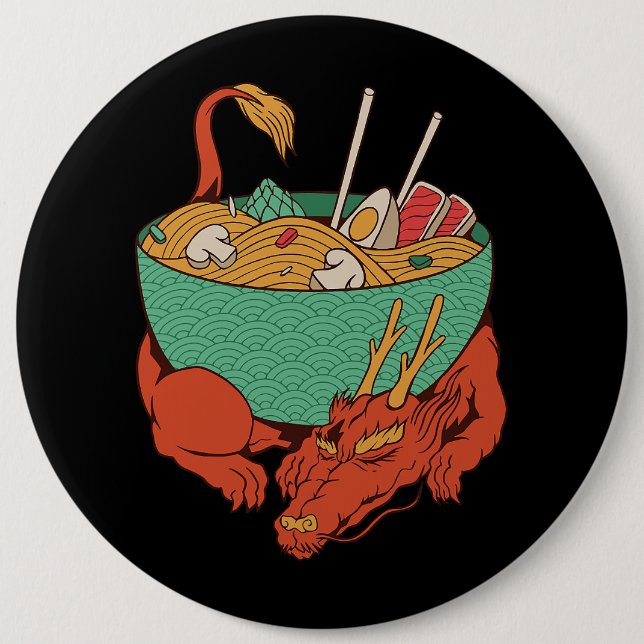 Japanese Dragon Sleeping With Ramen Bowl Ramen Noo Button (Front)
