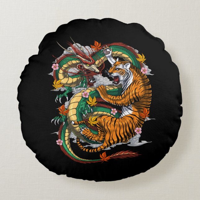 Japanese Dragon Tiger Battle Round Pillow (Front)