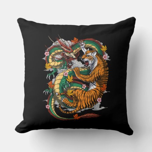 Japanese Dragon Tiger Battle Throw Pillow