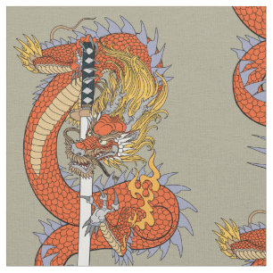 Japanese dragon with katana sword  fabric