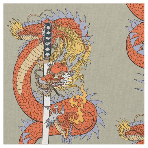 Japanese dragon with katana sword  fabric