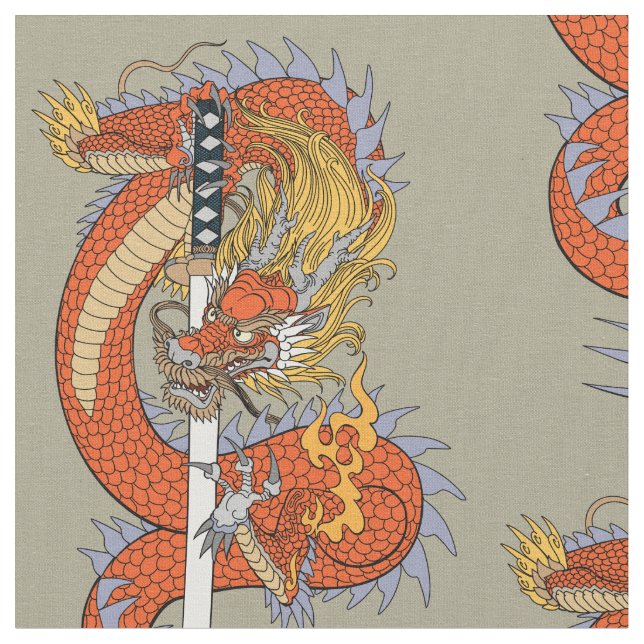 Japanese dragon with katana sword  fabric (Close Up)