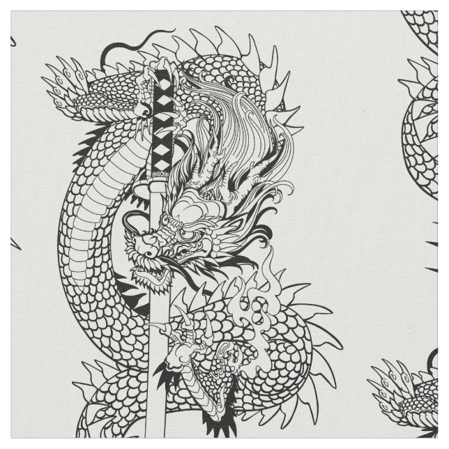 Japanese dragon with katana sword  fabric (Close Up)
