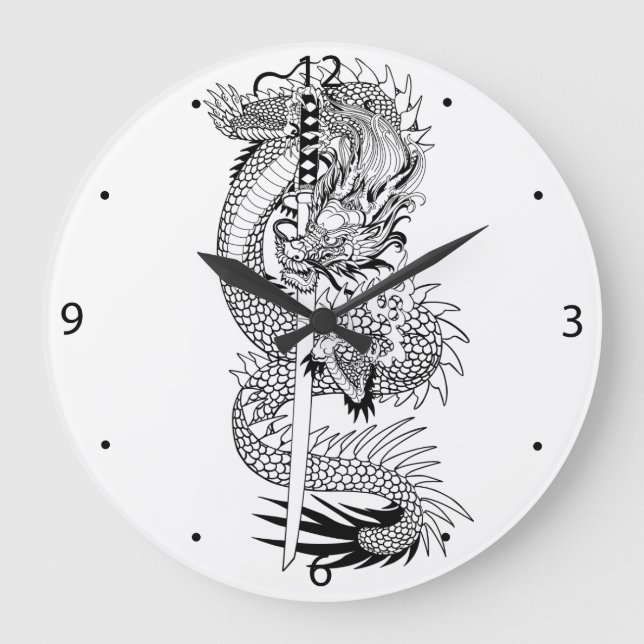 Japanese dragon with katana sword large clock (Front)
