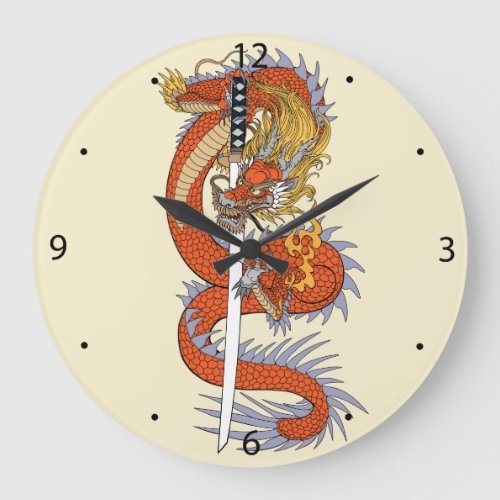 Japanese dragon with katana sword large clock