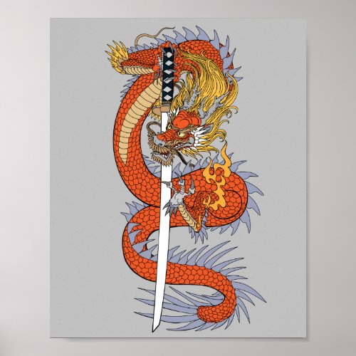 Japanese dragon with katana sword poster