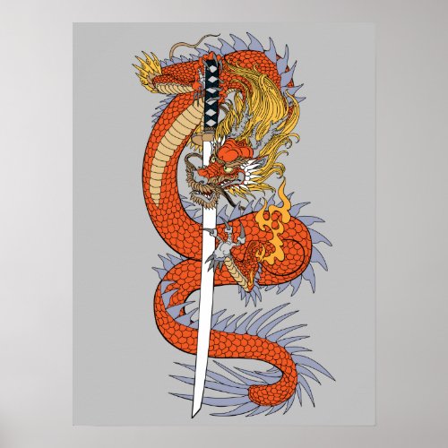 Japanese dragon with katana sword  poster