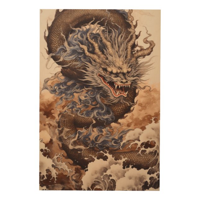 Japanese dragon with snake shape with kanagaw  wood wall art (Front)