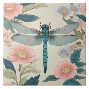 Japanese Dragonfly Art Pastel Green & Pink Floral Ceramic Tile