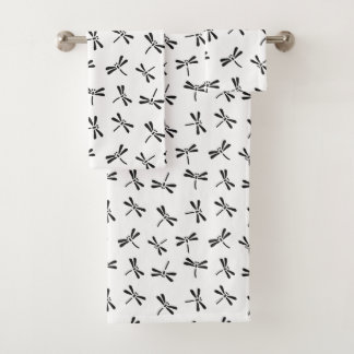 Japanese Dragonfly Pattern, Black and White Bath Towel Set