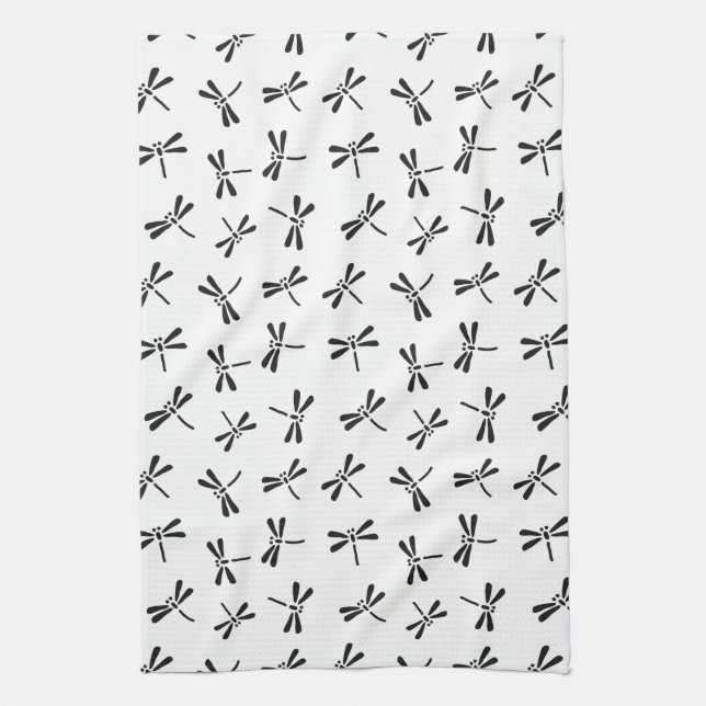 Japanese Dragonfly Pattern, Black and White Towel (Vertical)