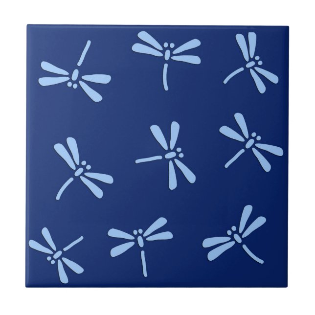 Japanese Dragonfly Pattern, Cobalt and Sky Blue Ceramic Tile (Front)