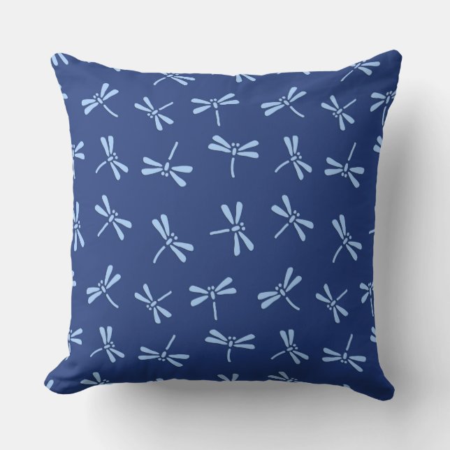 Japanese Dragonfly Pattern, Cobalt and Sky Blue Outdoor Pillow (Front)