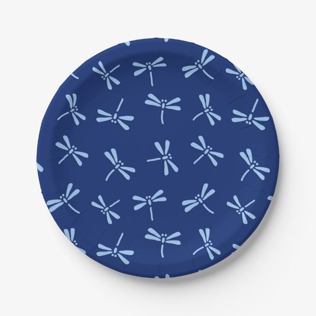 Japanese Dragonfly Pattern, Cobalt and Sky Blue Paper Plates (Front)