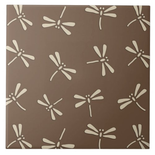 Japanese Dragonfly Pattern Cream and Taupe Tan Ceramic Tile