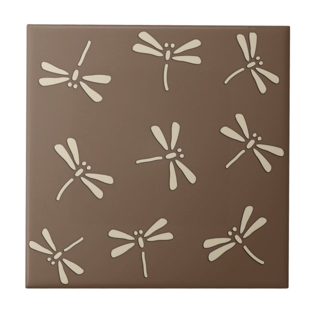 Japanese Dragonfly Pattern, Cream and Taupe Tan Ceramic Tile (Front)