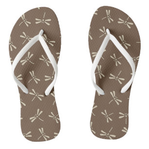 Japanese Dragonfly Pattern, Cream and Taupe Tan Flip Flops