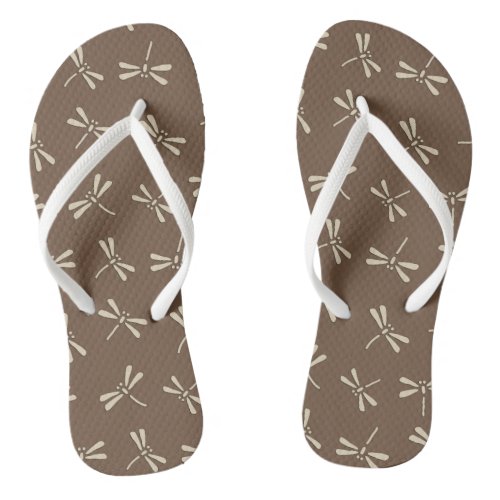 Japanese Dragonfly Pattern Cream and Taupe Tan Flip Flops