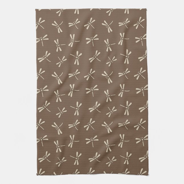 Japanese Dragonfly Pattern, Cream and Taupe Tan Kitchen Towel (Vertical)