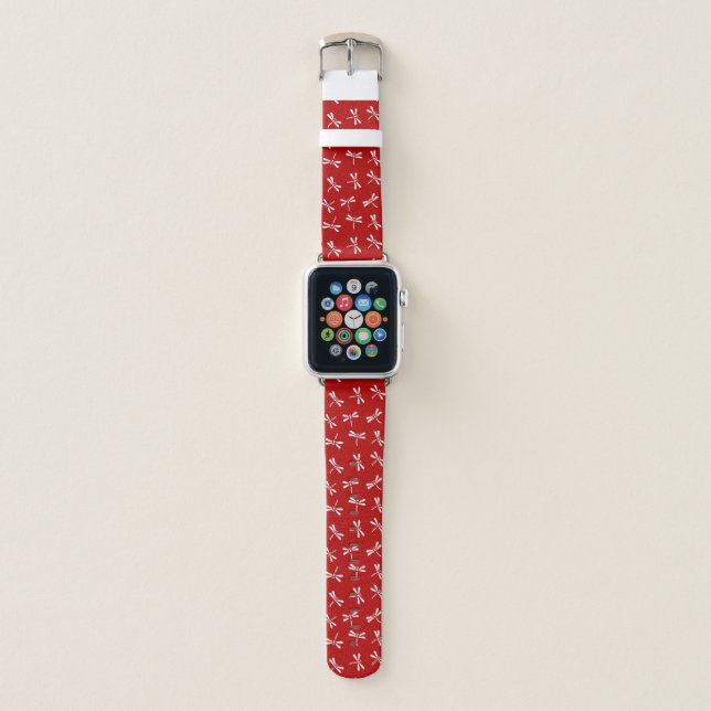 Japanese Dragonfly Pattern, Deep Red and White Apple Watch Band (Front)