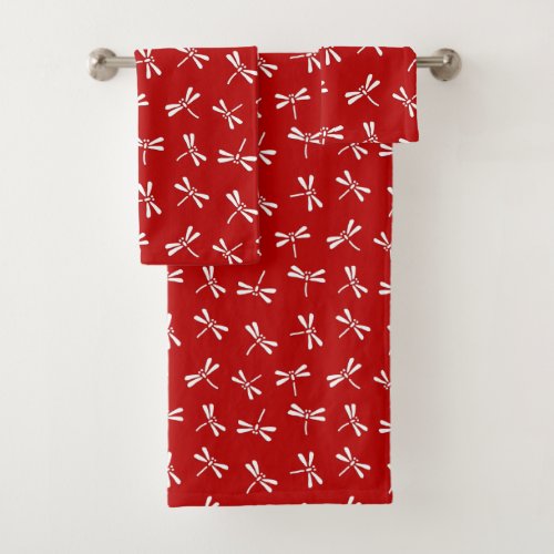 Japanese Dragonfly Pattern Deep Red and White   Bath Towel Set