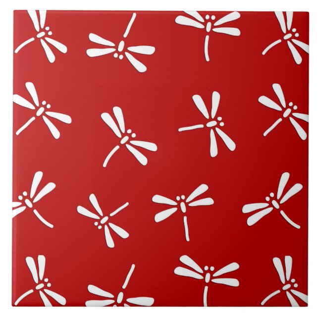 Japanese Dragonfly Pattern, Deep Red and White Ceramic Tile (Front)