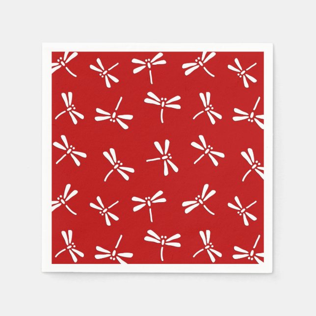 Japanese Dragonfly Pattern, Deep Red and White Napkins (Front)