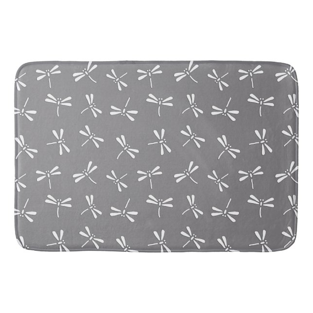 Japanese Dragonfly Pattern, Grey / Gray and White Bath Mat (Front)
