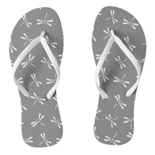 Japanese Dragonfly Pattern, Grey / Gray and White Flip Flops