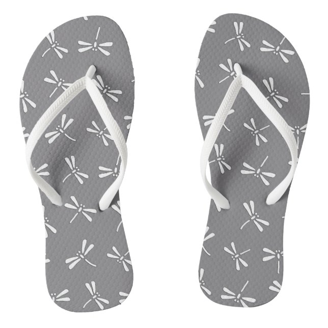 Japanese Dragonfly Pattern, Grey / Gray and White Flip Flops (Footbed)