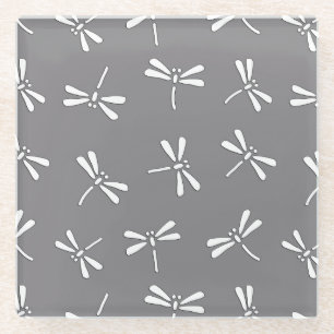 Japanese Dragonfly Pattern, Grey / Gray and White Glass Coaster