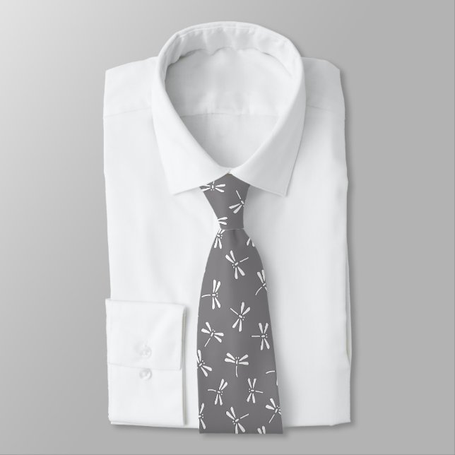 Japanese Dragonfly Pattern, Grey / Gray and White Neck Tie (Tied)