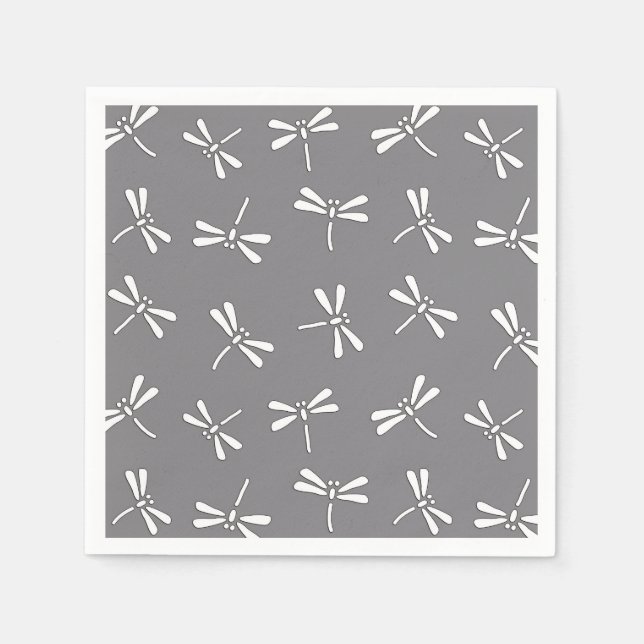 Japanese Dragonfly Pattern, Grey / Gray and White Paper Napkins (Front)