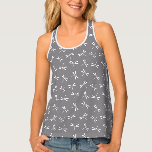 Japanese Dragonfly Pattern Grey  Gray and White Tank Top