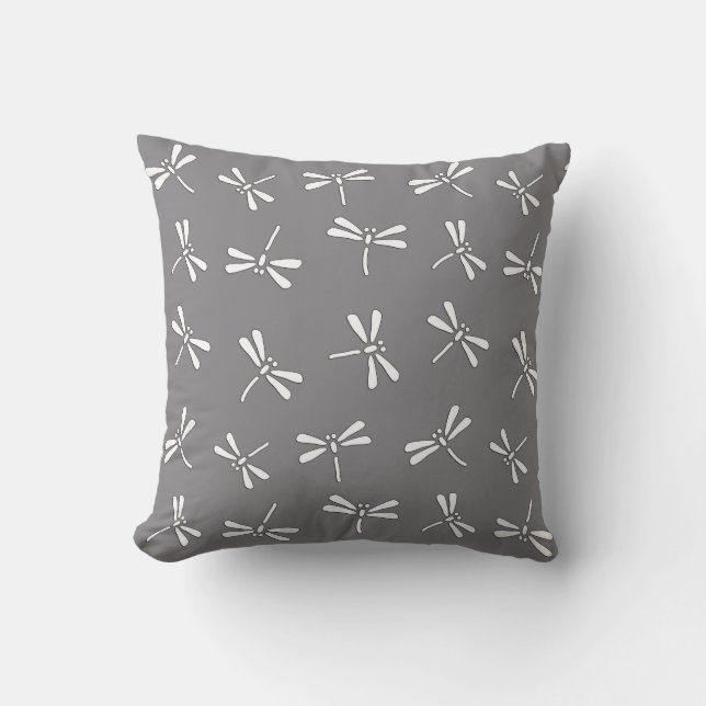 Japanese Dragonfly Pattern, Grey / Gray and White Throw Pillow (Front)