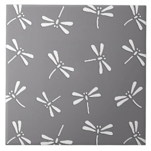 Japanese Dragonfly Pattern, Grey / Gray and White Tile