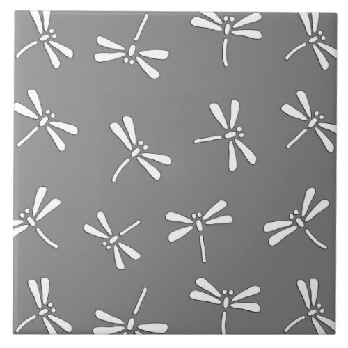 Japanese Dragonfly Pattern Grey  Gray and White Tile