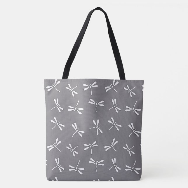 Japanese Dragonfly Pattern, Grey / Gray and White Tote Bag (Front)